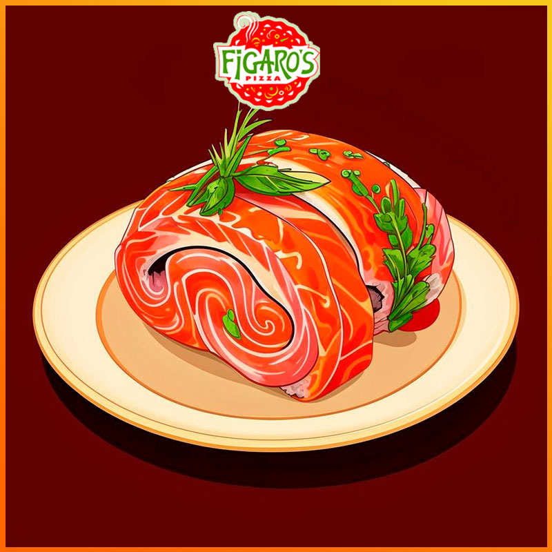 Запечённый ролл с сёмгой, сыром и икрой Тобико в пиццерии Фигаро